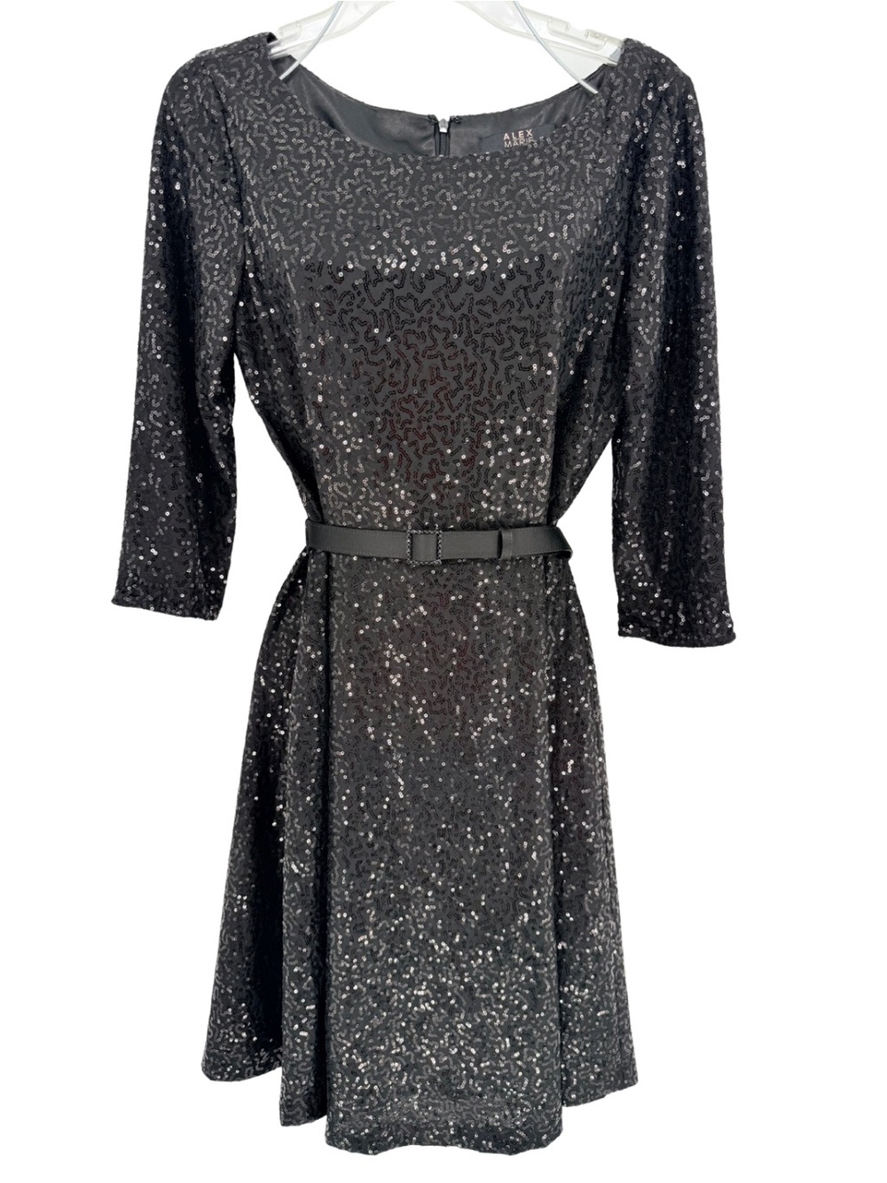 Alex Marie Sequin Belted Black Cocktail Dress Size 10 Glam Holiday Party